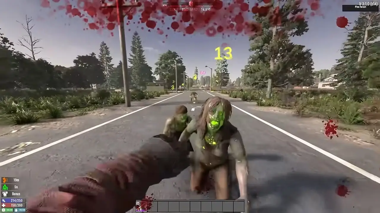 Walka wręcz z dwoma zombie na drodze w 7 Days to Die, widok z perspektywy pierwszej osoby